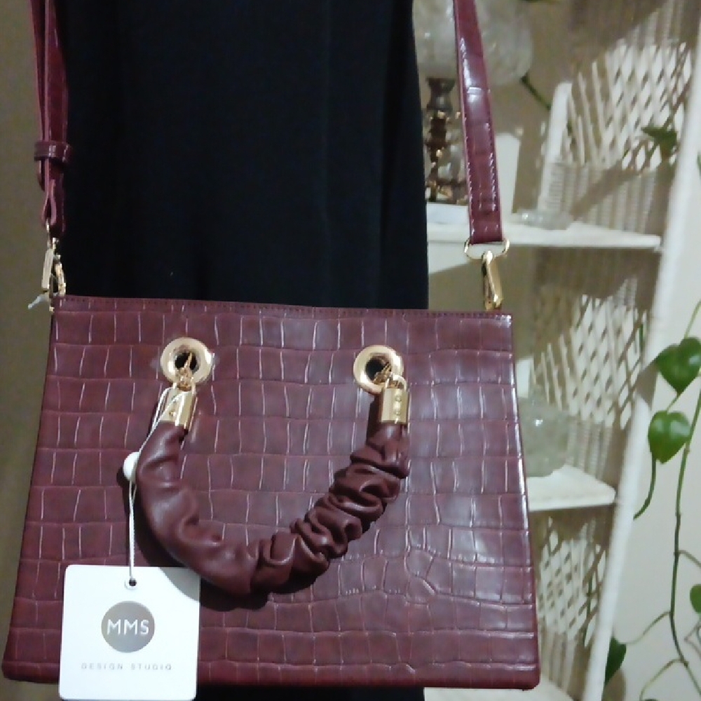 MMS Design Studio Wine Shoulder/Handbag Croc Print Rouched Handles NWT
